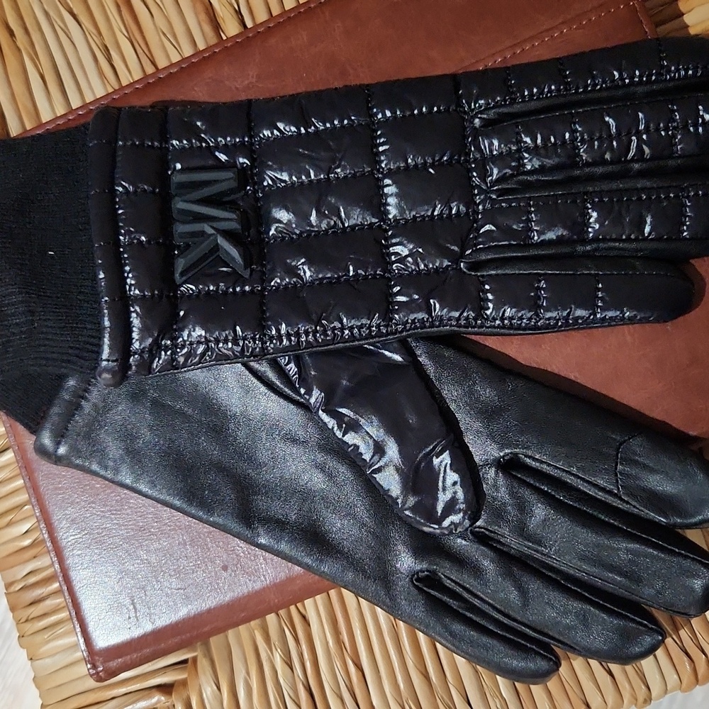 MK black quilted nylon and leather gloves, Small